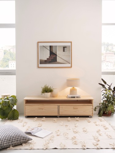 Mueble tv de madera con dos cajones y ruedas | LUFE