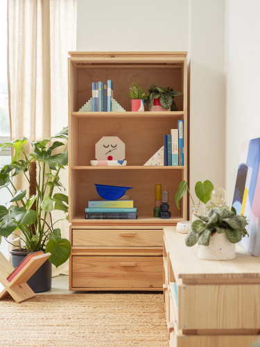 Scaffale libreria basso in legno con 2 cassetti | LUFE