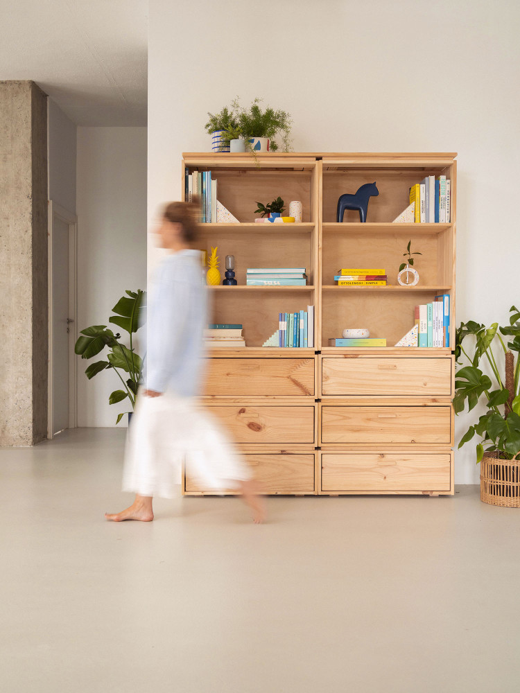 Estantería librería de madera natural con cajones | LUFE 2