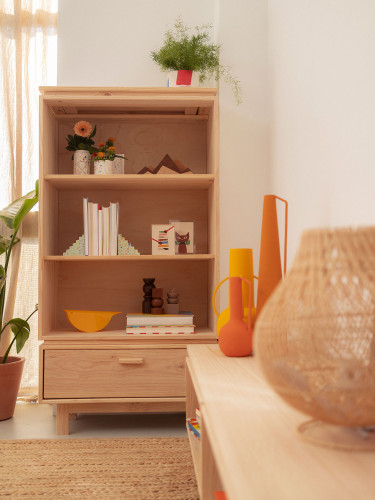 Estantería librería baja con cajón de madera natural | LUFE