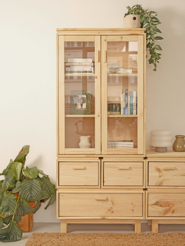 Vitrina em vidro e madeira com 3 gavetas 78x183 AIKA | LUFE