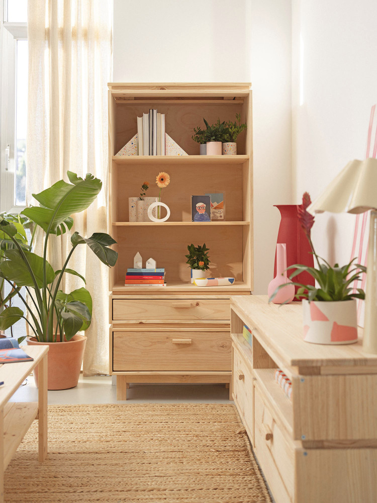 Estantería librería de madera con cajones y patas | LUFE 2