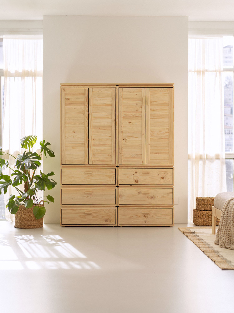 Armadio doppio in legno naturale con 6 cassetti | LUFE 2