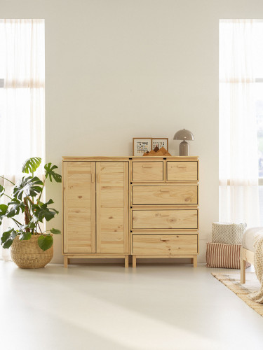 Buffet salon en bois naturel avec armoire et tiroirs | LUFE