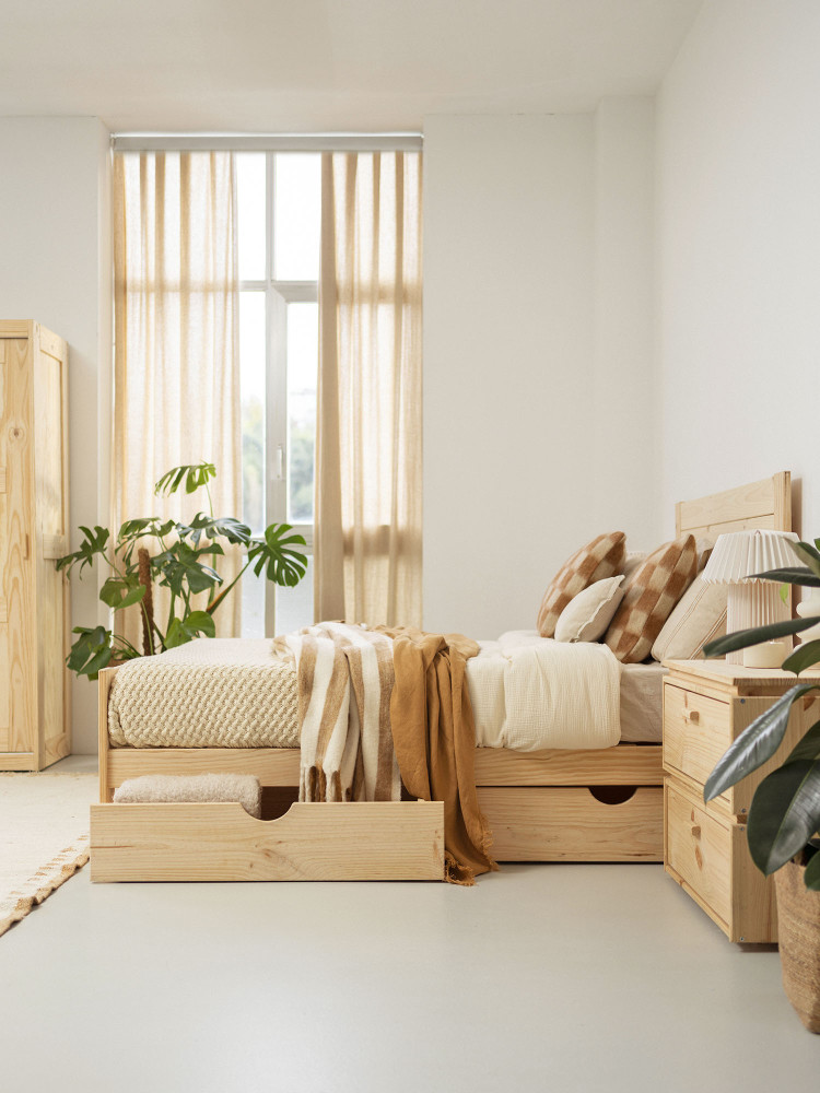 Cama 150 de madera de pino con cajones estilo caserío | LUFE 2
